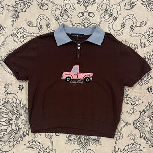Teddy Fresh Brown Polo Sweater Tee with Pink Truck and Blue Collar